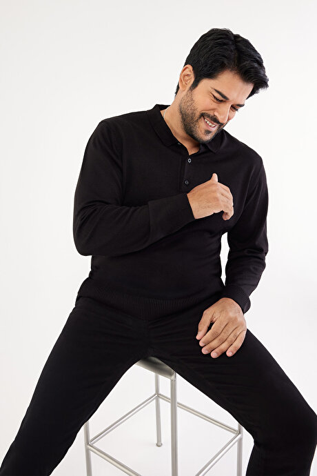 Tüylenme Yapmayan Anti Pilling Özellikli Standart Fit Polo Yaka Siyah Kazak resmi