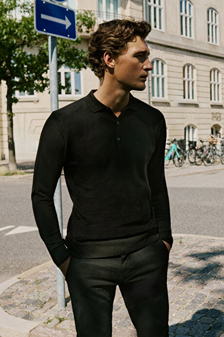 Tüylenme Yapmayan Anti Pilling Özellikli Standart Fit Polo Yaka Siyah Kazak resmi