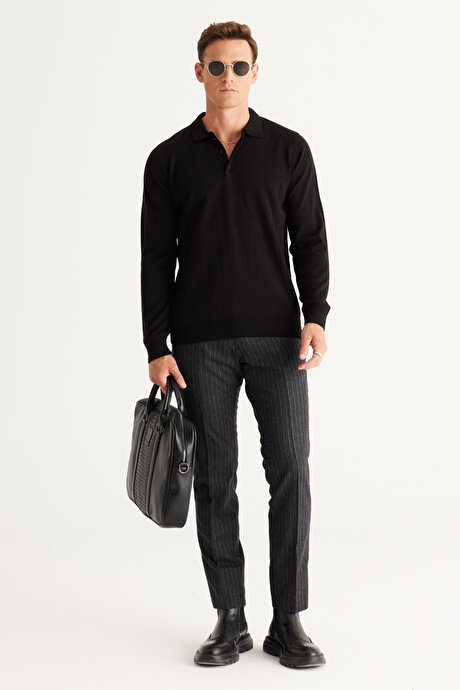 Tüylenme Yapmayan Anti Pilling Özellikli Standart Fit Polo Yaka Siyah Kazak resmi