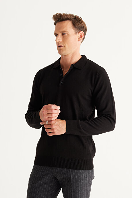 Tüylenme Yapmayan Anti Pilling Özellikli Standart Fit Polo Yaka Siyah Kazak resmi