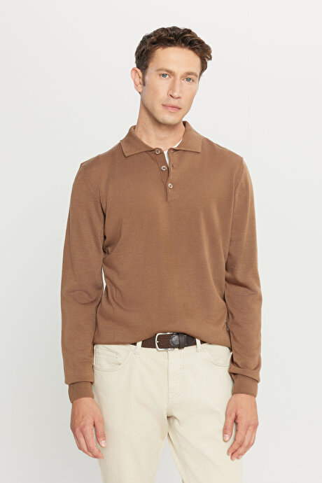 Tüylenme Yapmayan Anti Pilling Özellikli Standart Fit Polo Yaka Vizon Kazak resmi