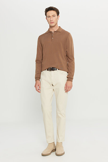 Tüylenme Yapmayan Anti Pilling Özellikli Standart Fit Polo Yaka Vizon Kazak resmi