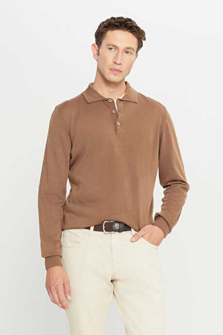 Tüylenme Yapmayan Anti Pilling Özellikli Standart Fit Polo Yaka Vizon Kazak resmi