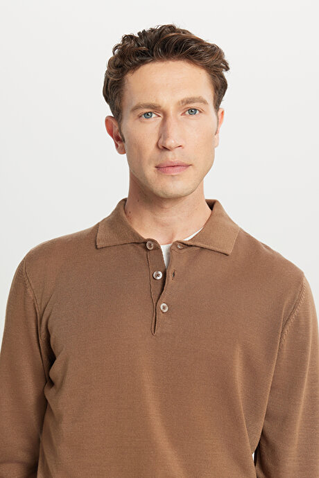 Tüylenme Yapmayan Anti Pilling Özellikli Standart Fit Polo Yaka Vizon Kazak resmi