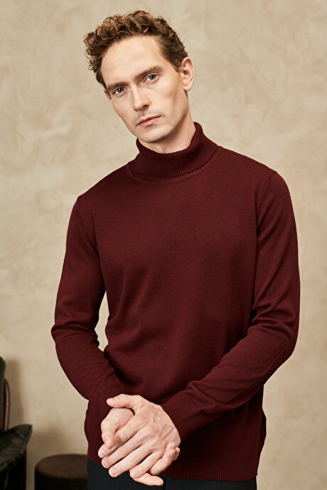 Tüylenme Yapmayan Anti Pilling Özellikli Standart Fit Tam Balıkçı Yaka Bordo Kazak resmi