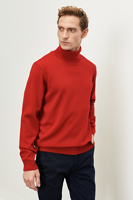 Tüylenme Yapmayan Anti Pilling Özellikli Standart Fit Tam Balıkçı Yaka Kırmızı Kazak resmi