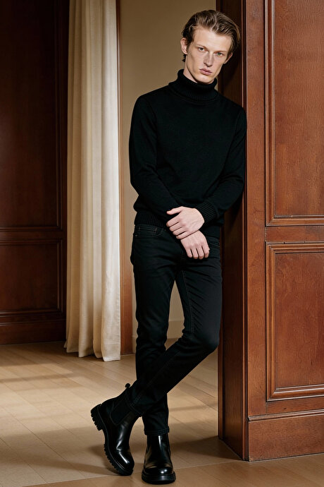 Tüylenme Yapmayan Anti Pilling Özellikli Standart Fit Tam Balıkçı Yaka Siyah Kazak resmi