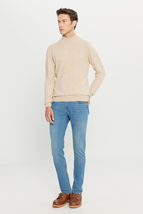 Tüylenme Yapmayan Anti-Pilling Standart Fit Normal Kesim Yarım Balıkçı Yaka Bej Kazak resmi