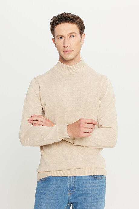 Tüylenme Yapmayan Anti-Pilling Standart Fit Normal Kesim Yarım Balıkçı Yaka Bej Kazak resmi