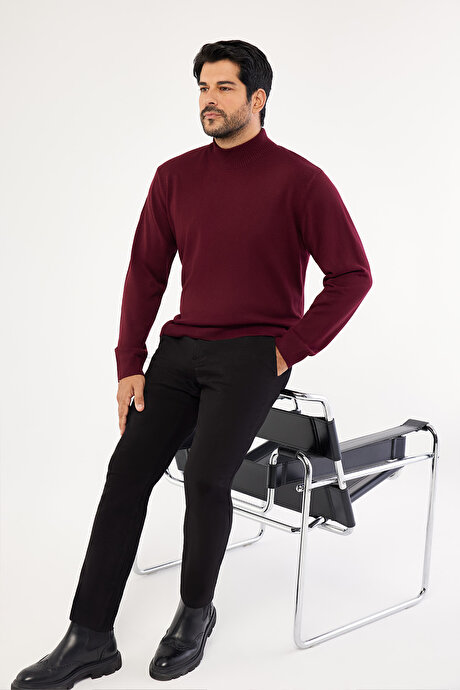 Tüylenme Yapmayan Anti-Pilling Standart Fit Normal Kesim Yarım Balıkçı Yaka Bordo Kazak resmi