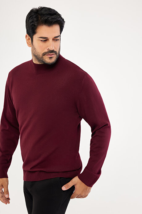 Tüylenme Yapmayan Anti-Pilling Standart Fit Normal Kesim Yarım Balıkçı Yaka Bordo Kazak resmi