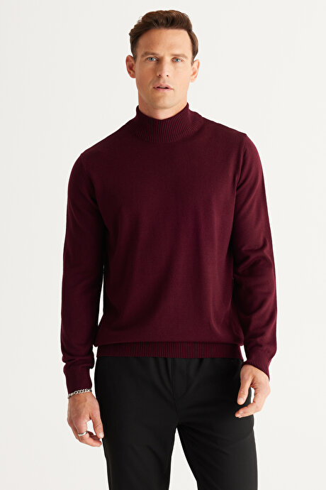 Tüylenme Yapmayan Anti-Pilling Standart Fit Normal Kesim Yarım Balıkçı Yaka Bordo Kazak resmi