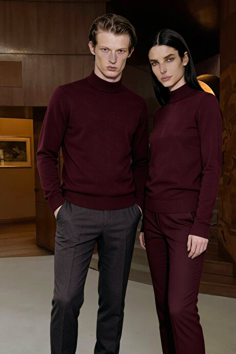 Tüylenme Yapmayan Anti-Pilling Standart Fit Normal Kesim Yarım Balıkçı Yaka Bordo Kazak resmi