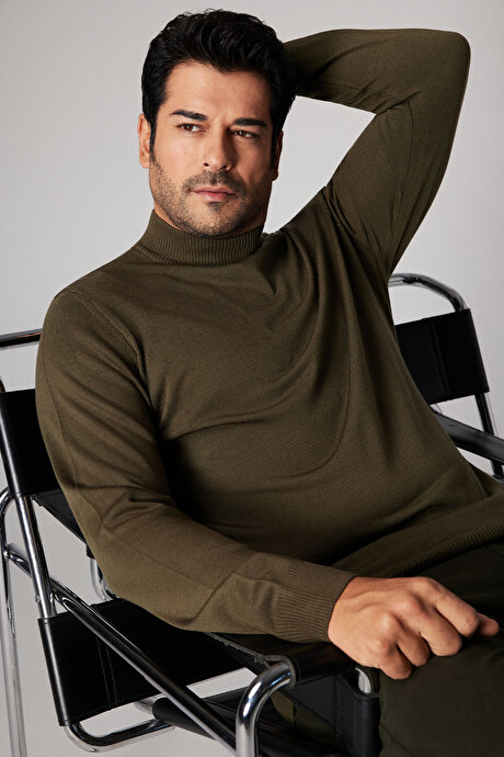 Tüylenme Yapmayan Anti-Pilling Standart Fit Normal Kesim Yarım Balıkçı Yaka Haki Kazak resmi