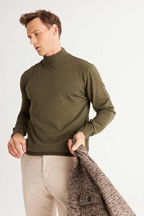 Tüylenme Yapmayan Anti-Pilling Standart Fit Normal Kesim Yarım Balıkçı Yaka Haki Kazak resmi