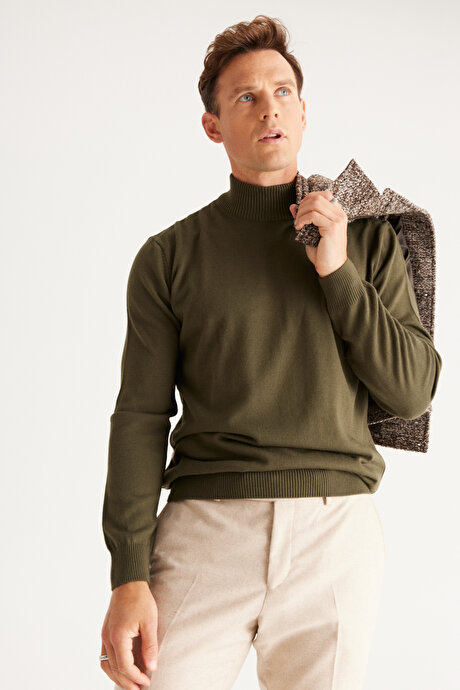 Tüylenme Yapmayan Anti-Pilling Standart Fit Normal Kesim Yarım Balıkçı Yaka Haki Kazak resmi