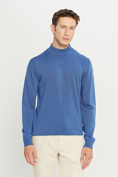 Tüylenme Yapmayan Anti-Pilling Standart Fit Normal Kesim Yarım Balıkçı Yaka İndigo Kazak resmi