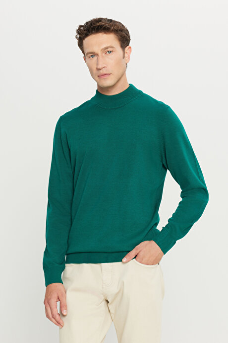 Tüylenme Yapmayan Anti-Pilling Standart Fit Normal Kesim Yarım Balıkçı Yaka Koyu Yeşil Kazak resmi