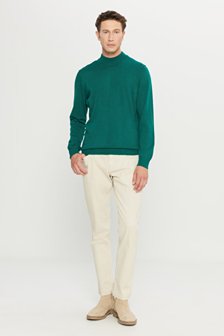 Tüylenme Yapmayan Anti-Pilling Standart Fit Normal Kesim Yarım Balıkçı Yaka Koyu Yeşil Kazak resmi