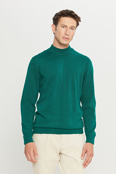 Tüylenme Yapmayan Anti-Pilling Standart Fit Normal Kesim Yarım Balıkçı Yaka Koyu Yeşil Kazak resmi