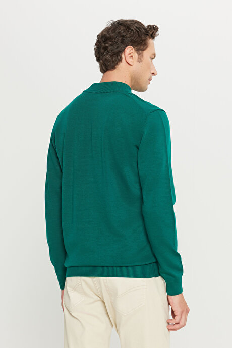 Tüylenme Yapmayan Anti-Pilling Standart Fit Normal Kesim Yarım Balıkçı Yaka Koyu Yeşil Kazak resmi