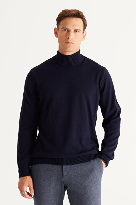 Tüylenme Yapmayan Anti-Pilling Standart Fit Normal Kesim Yarım Balıkçı Yaka Lacivert Kazak resmi