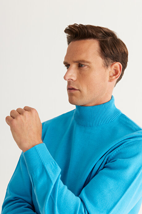 Tüylenme Yapmayan Anti-Pilling Standart Fit Normal Kesim Yarım Balıkçı Yaka Turkuaz Kazak resmi