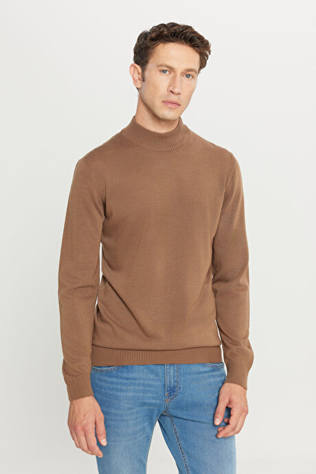 Tüylenme Yapmayan Anti-Pilling Standart Fit Normal Kesim Yarım Balıkçı Yaka Vizon Kazak resmi