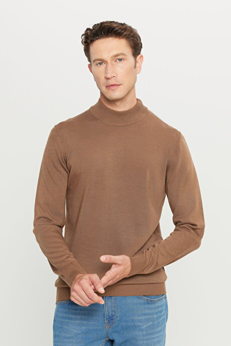 Tüylenme Yapmayan Anti-Pilling Standart Fit Normal Kesim Yarım Balıkçı Yaka Vizon Kazak resmi