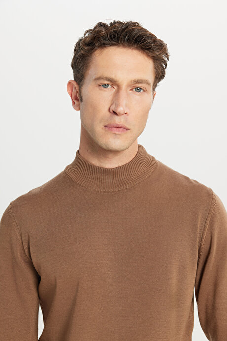 Tüylenme Yapmayan Anti-Pilling Standart Fit Normal Kesim Yarım Balıkçı Yaka Vizon Kazak resmi