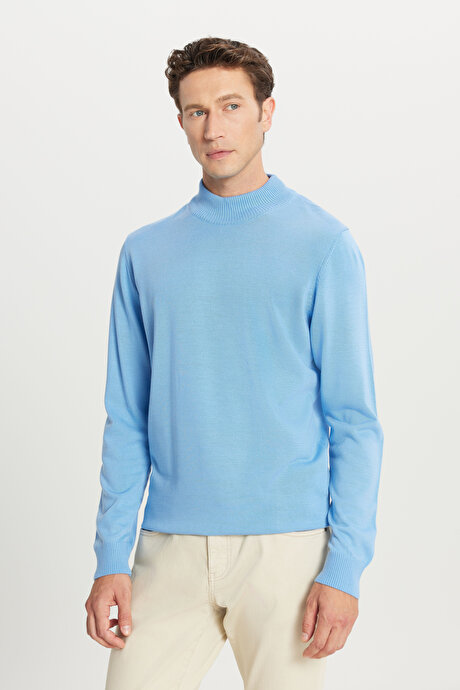 Tüylenme Yapmayan Anti-Pilling Standart Fit Normal Kesim Yarım Balıkçı Yaka Açık Mavi Kazak resmi