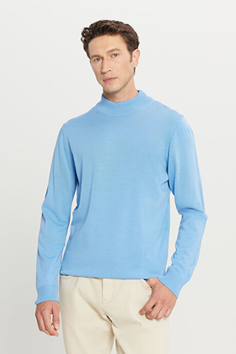 Tüylenme Yapmayan Anti-Pilling Standart Fit Normal Kesim Yarım Balıkçı Yaka Açık Mavi Kazak resmi