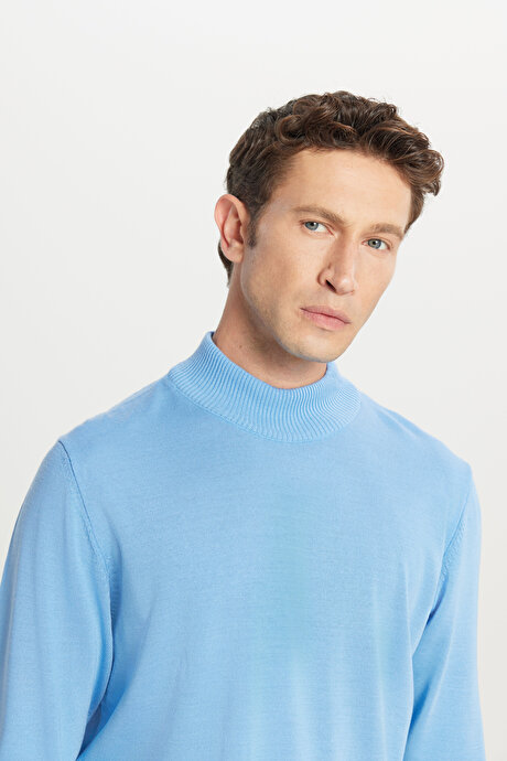 Tüylenme Yapmayan Anti-Pilling Standart Fit Normal Kesim Yarım Balıkçı Yaka Açık Mavi Kazak resmi