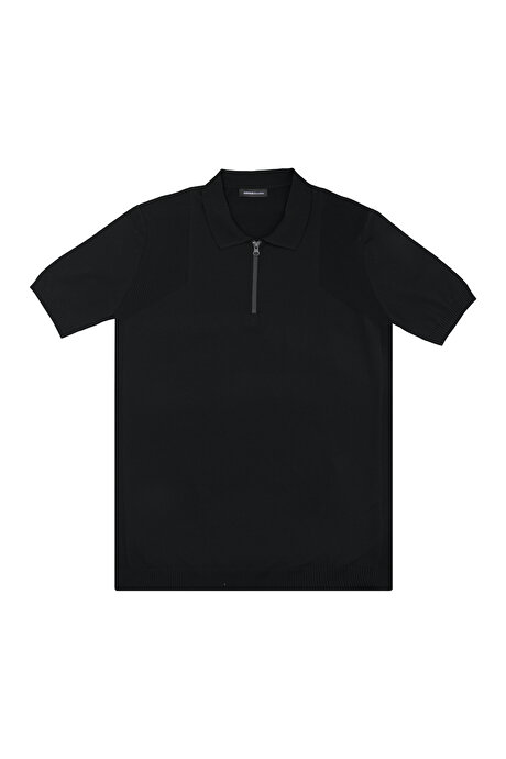 Standart Fit Normal Kesim Polo Yaka Kısa Kollu Siyah Triko Tişört resmi