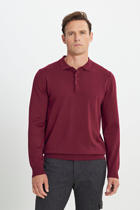 Standart Fit Normal Kesim Polo Yaka Bordo Kazak resmi