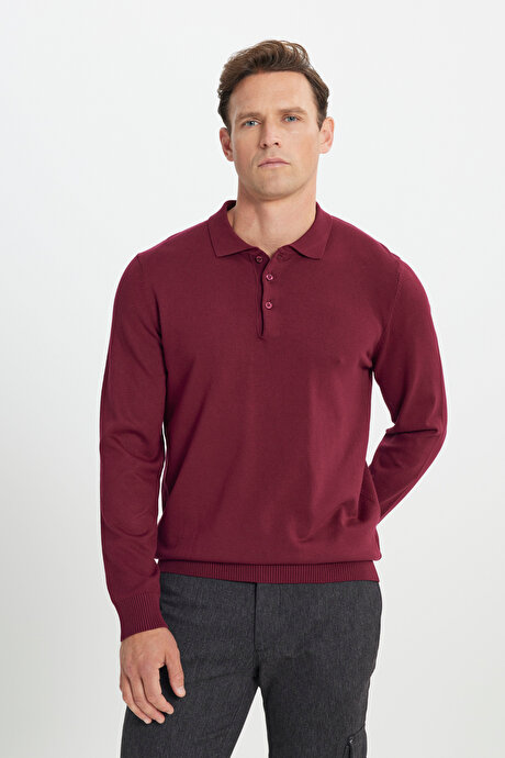 Standart Fit Normal Kesim Polo Yaka Bordo Kazak resmi