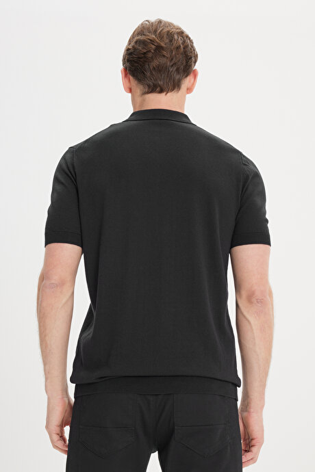 Standart Fit Normal Kesim %100 Pamuk Polo Yaka Siyah Triko Tişört resmi