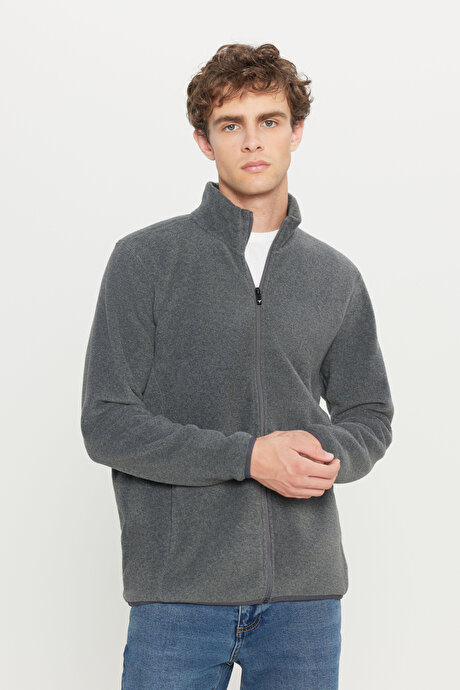 Anti-Pilling Tüylenme Yapmayan Standart Fit Bato Yaka Sweatshirt Ceket Antrasit Polar resmi