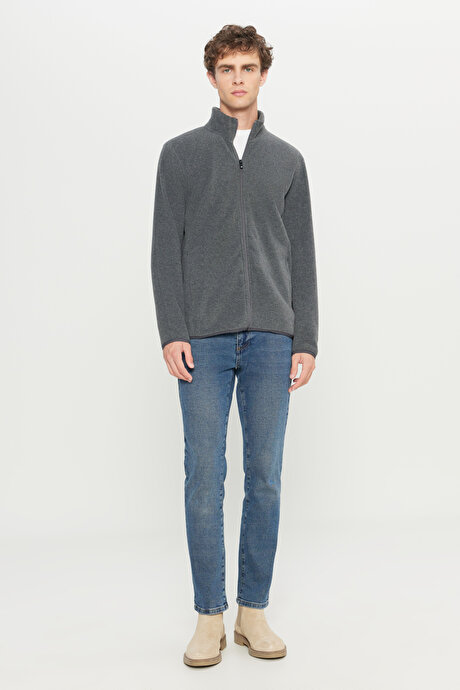 Anti-Pilling Tüylenme Yapmayan Standart Fit Bato Yaka Sweatshirt Ceket Antrasit Polar resmi