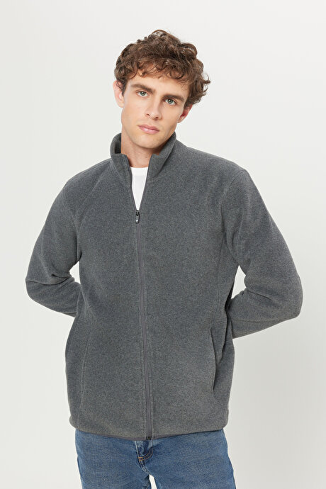 Anti-Pilling Tüylenme Yapmayan Standart Fit Bato Yaka Sweatshirt Ceket Antrasit Polar resmi