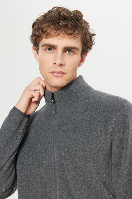 Anti-Pilling Tüylenme Yapmayan Standart Fit Bato Yaka Sweatshirt Ceket Antrasit Polar resmi