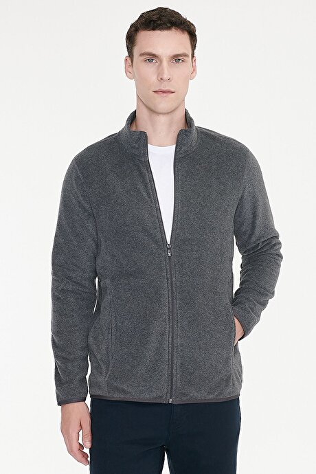 Anti-Pilling Tüylenme Yapmayan Standart Fit Bato Yaka Sweatshirt Ceket Antrasit Polar resmi