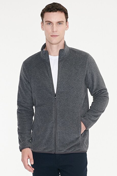 Anti-Pilling Tüylenme Yapmayan Standart Fit Bato Yaka Sweatshirt Ceket Antrasit Polar resmi