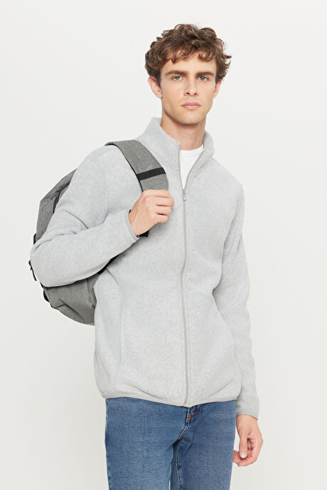 Anti-Pilling Tüylenme Yapmayan Standart Fit Bato Yaka Sweatshirt Ceket Gri Melanj Polar resmi