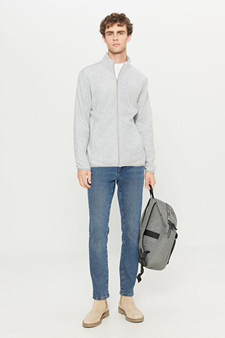 Anti-Pilling Tüylenme Yapmayan Standart Fit Bato Yaka Sweatshirt Ceket Gri Melanj Polar resmi