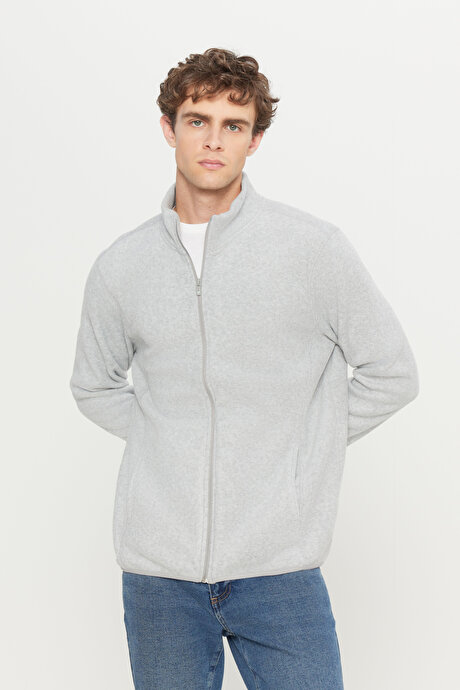 Anti-Pilling Tüylenme Yapmayan Standart Fit Bato Yaka Sweatshirt Ceket Gri Melanj Polar resmi