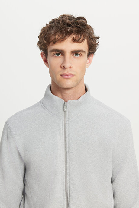 Anti-Pilling Tüylenme Yapmayan Standart Fit Bato Yaka Sweatshirt Ceket Gri Melanj Polar resmi