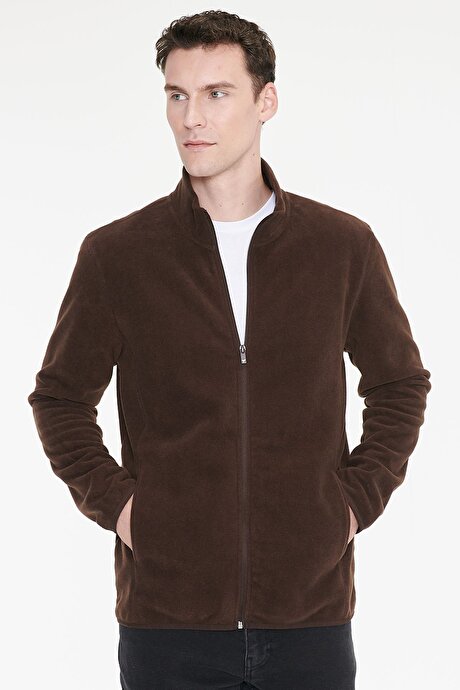 Anti-Pilling Tüylenme Yapmayan Standart Fit Bato Yaka Sweatshirt Ceket Kahverengi Polar resmi