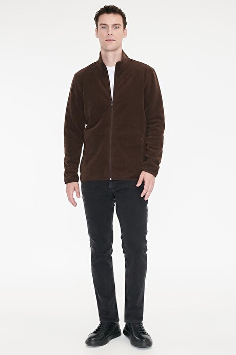Anti-Pilling Tüylenme Yapmayan Standart Fit Bato Yaka Sweatshirt Ceket Kahverengi Polar resmi