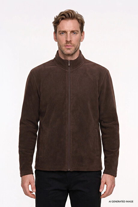 Anti-Pilling Tüylenme Yapmayan Standart Fit Bato Yaka Sweatshirt Ceket Kahverengi Polar resmi